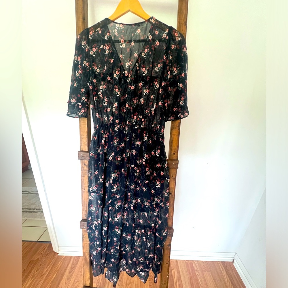 Zara Floral Navy Crossover Semi Sheer Long Midi Dress Puff Sleeve women’s small